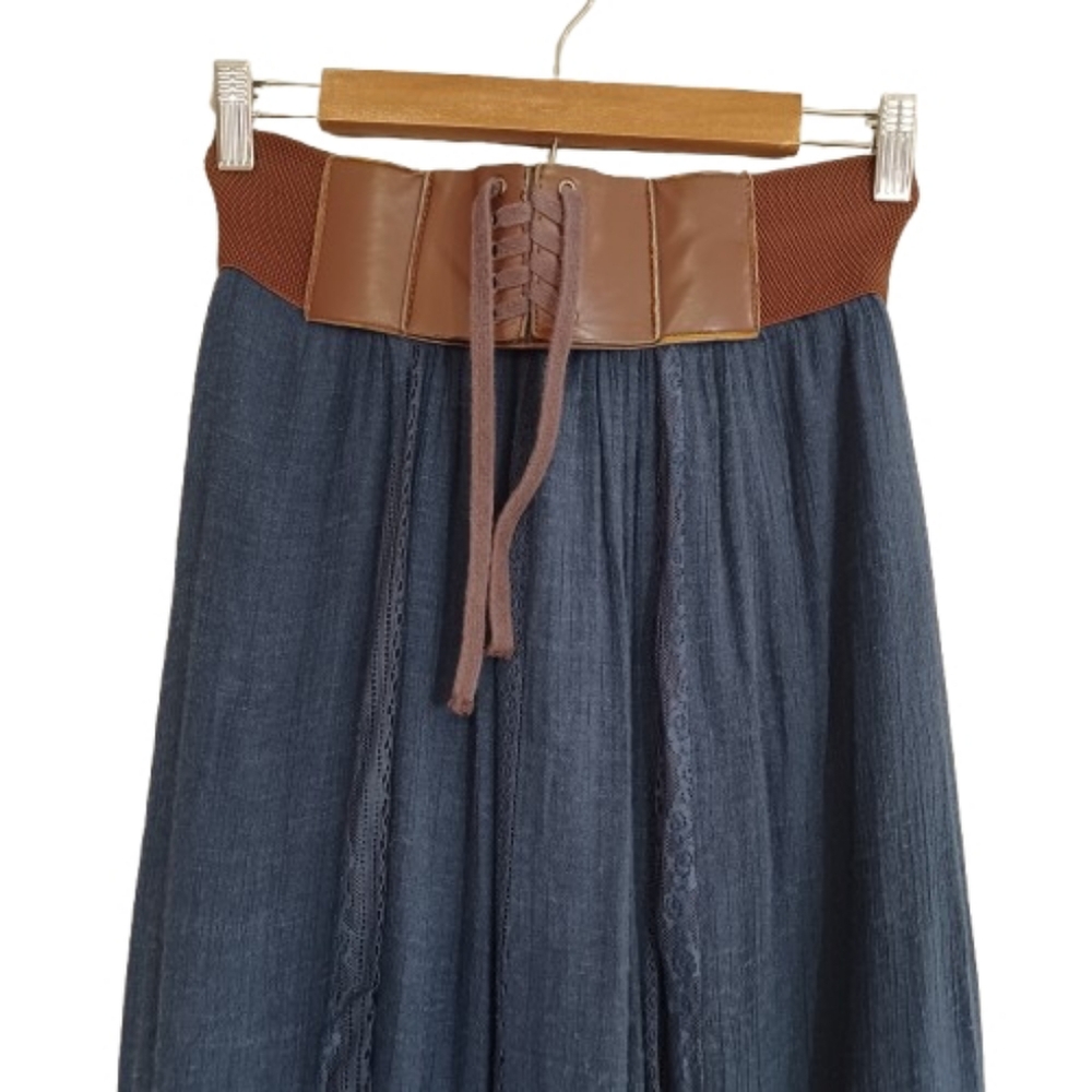 Altar'd State Boho Navy Blue Peasant Maxi Skirt with Attached Brown Corset Belt - Picture 2 of 7